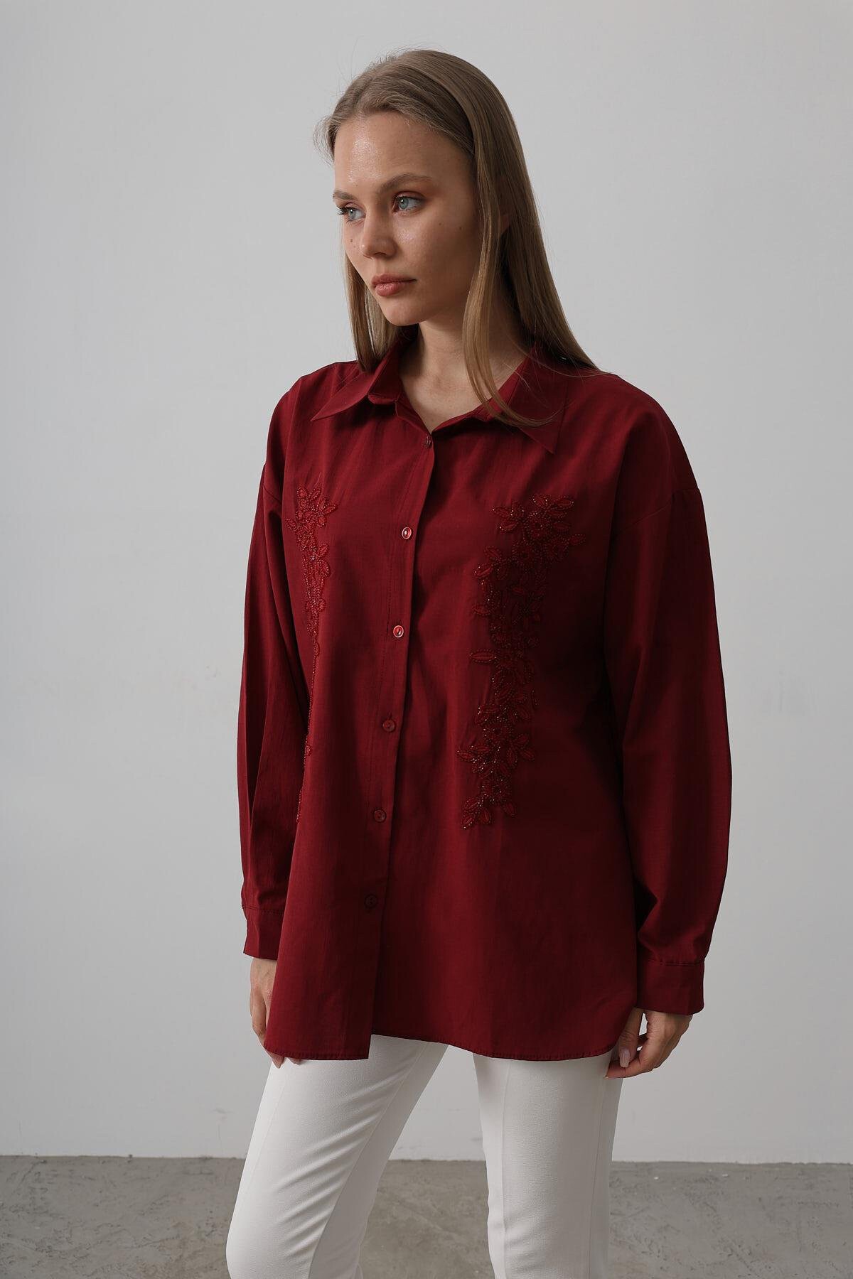 Bordo Boncuk Nakış Detaylı Oversize Gömlek
