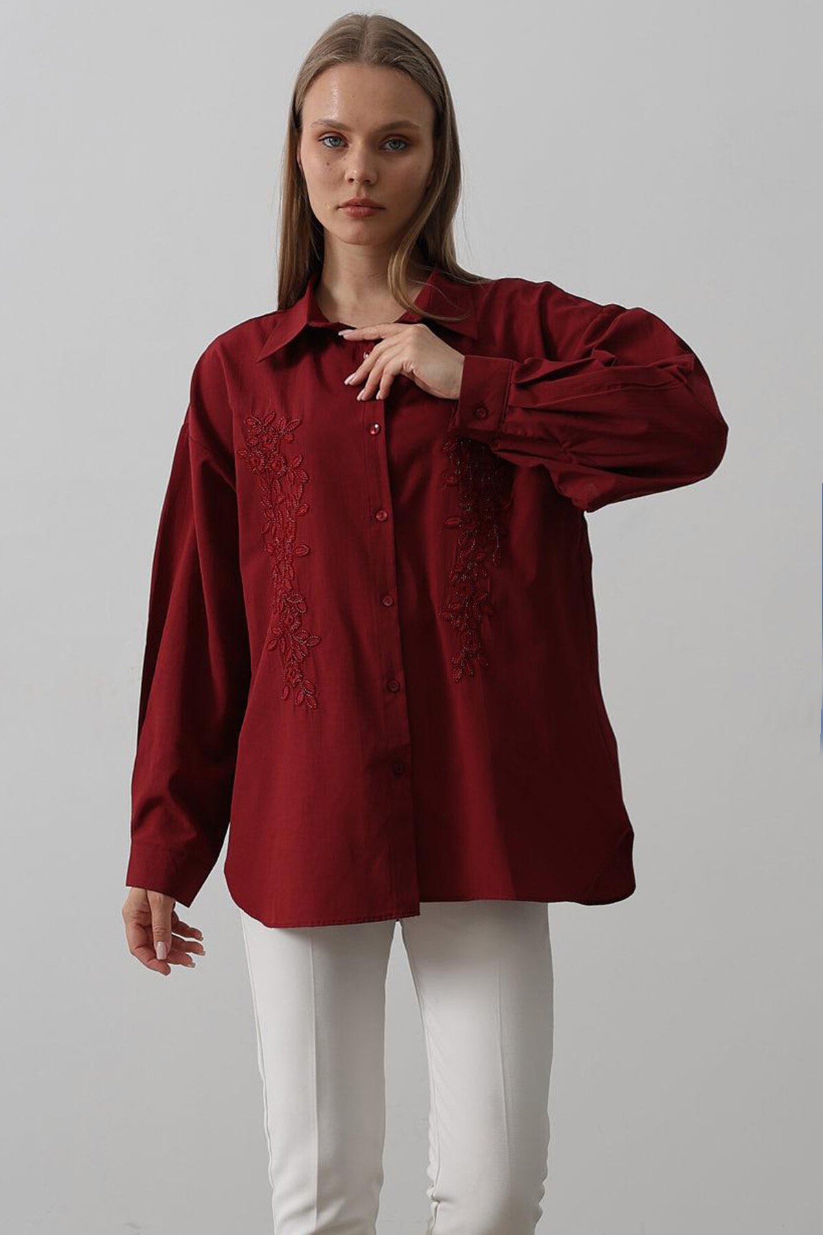 Bordo Boncuk Nakış Detaylı Oversize Gömlek