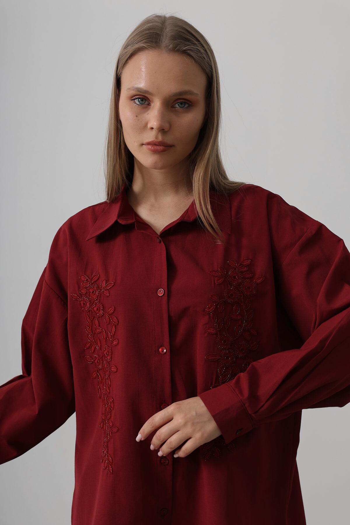 Bordo Boncuk Nakış Detaylı Oversize Gömlek