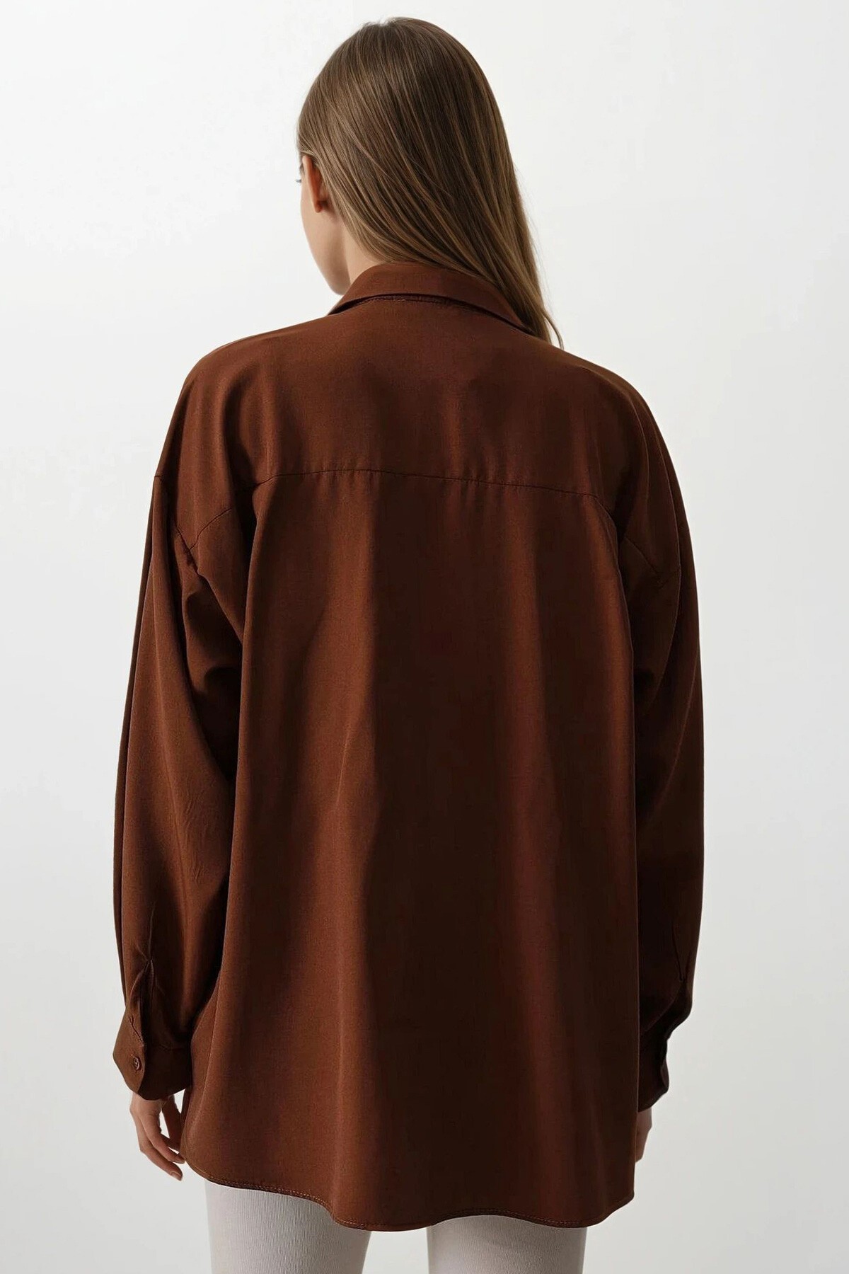 Kahve Boncuk Nakış Detaylı Oversize Gömlek