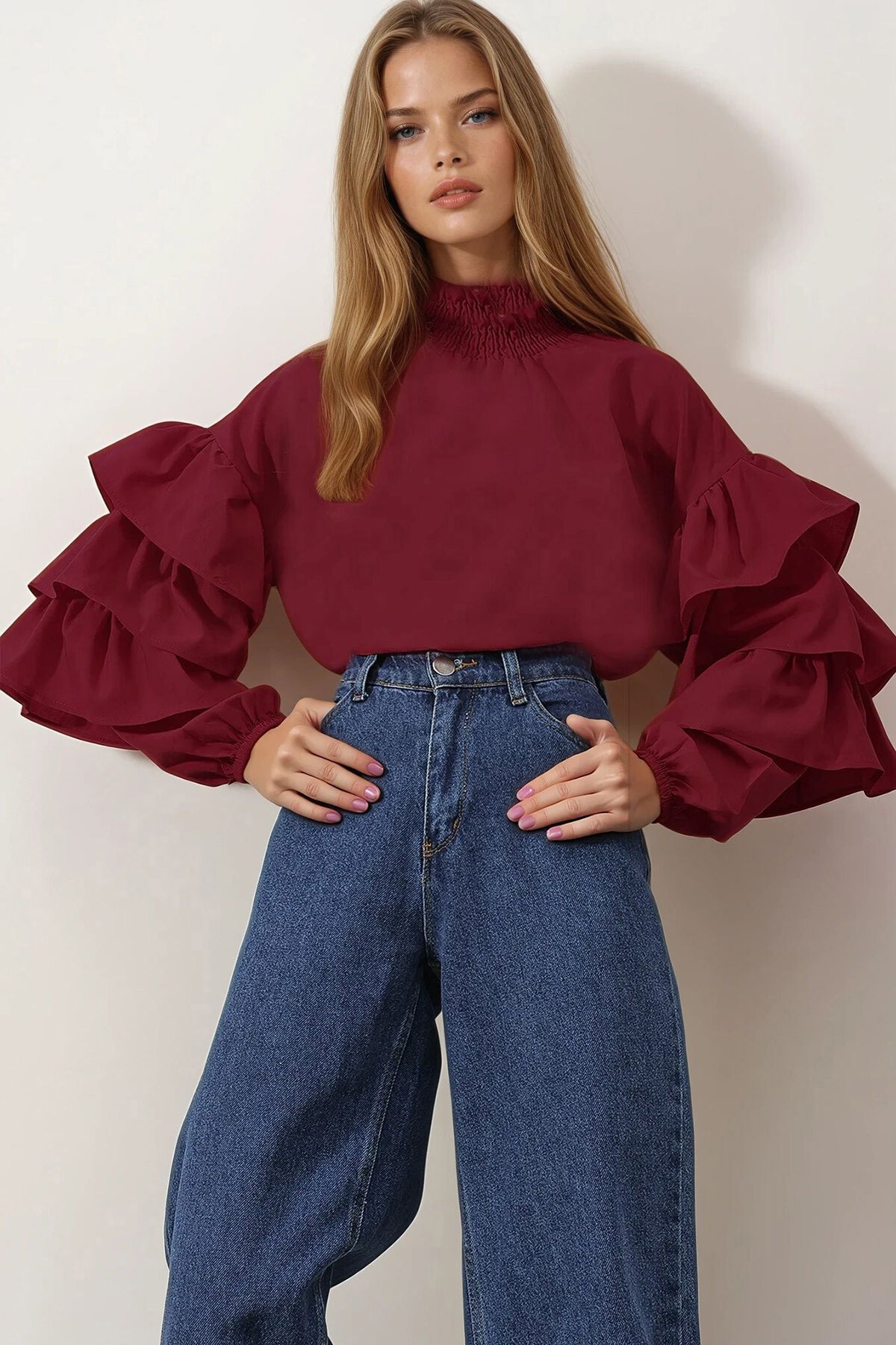Bordo Balıkçı Yaka Kolları Kat Volanlı Dokuma Bluz