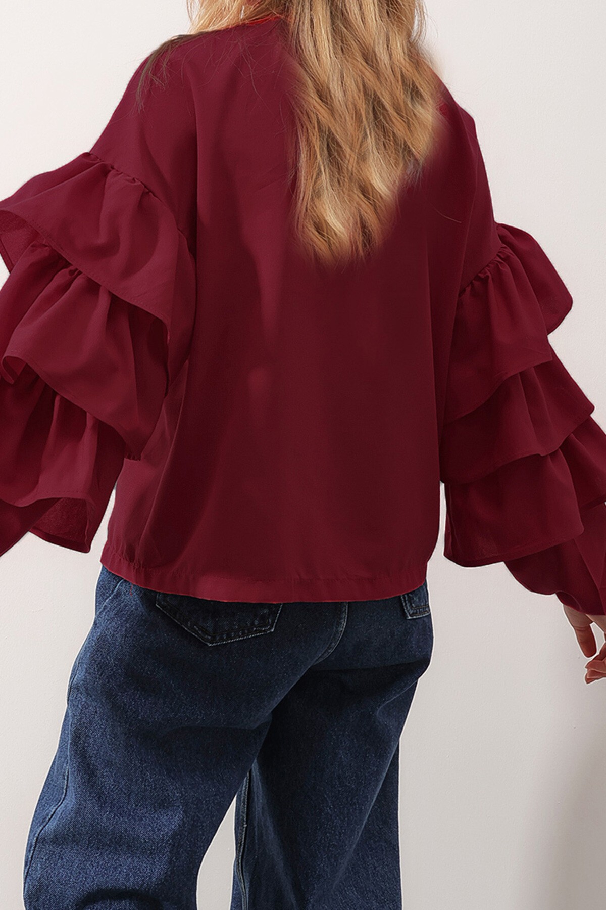 Bordo Balıkçı Yaka Kolları Kat Volanlı Dokuma Bluz