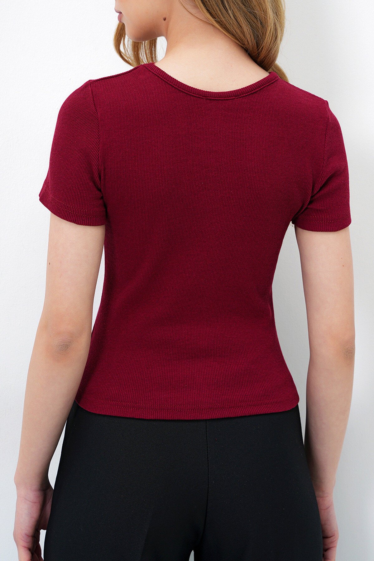 Bordo Bisiklet Yaka Damla Dekolteli İnci Çakımlı Kaşkorse Bluz