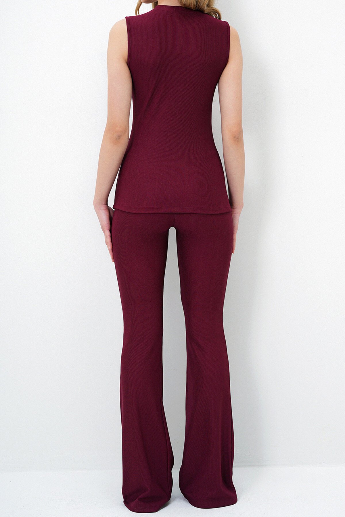 Bordo Bisiklet Yaka Gold Düğmeli Önden Yırtmaçlı Ottoban Bluz Ve İspanyol Paça Pantolon Takım