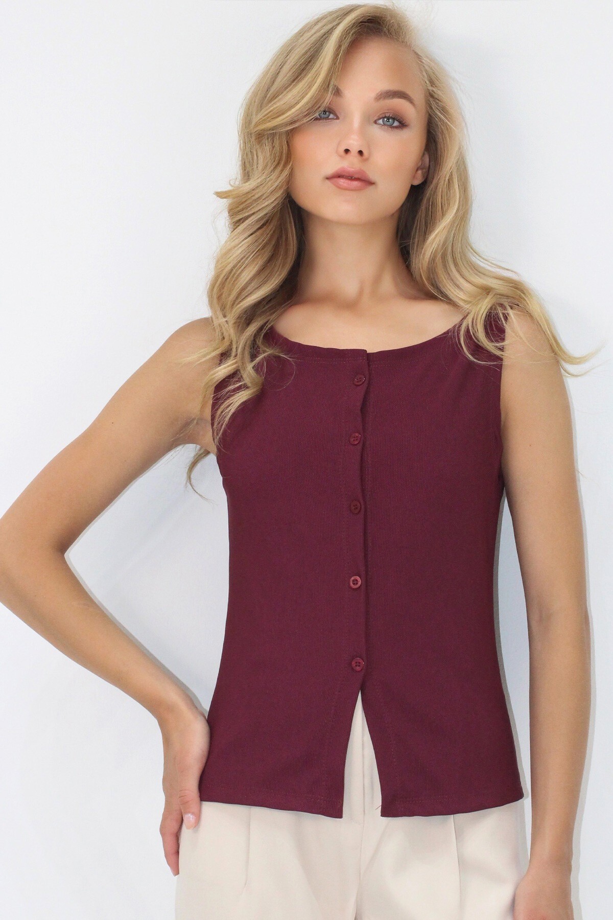 Bordo Bisiklet Yaka Önü Düğmeli Ottoban Kolsuz Bluz