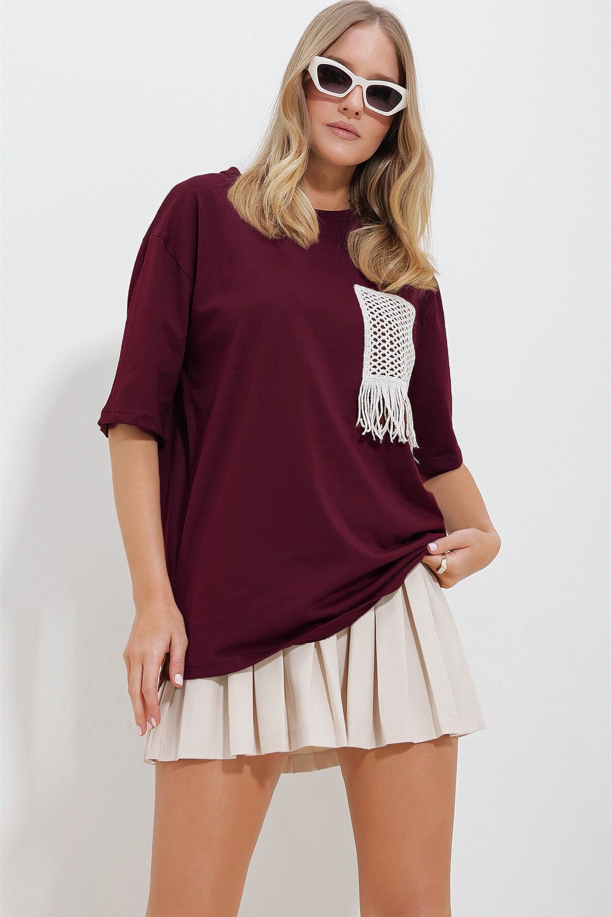 Bordo Bisiklet Yaka Örgü Cepli İki İplik T-Shirt