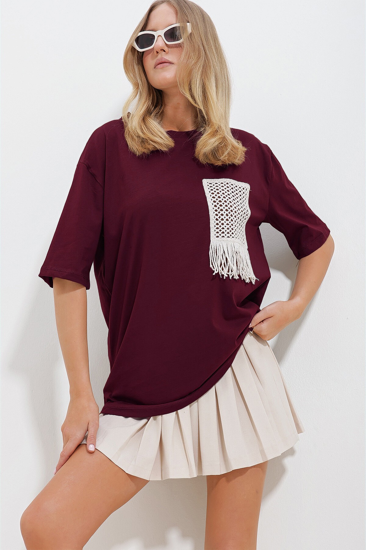 Bordo Bisiklet Yaka Örgü Cepli İki İplik T-Shirt