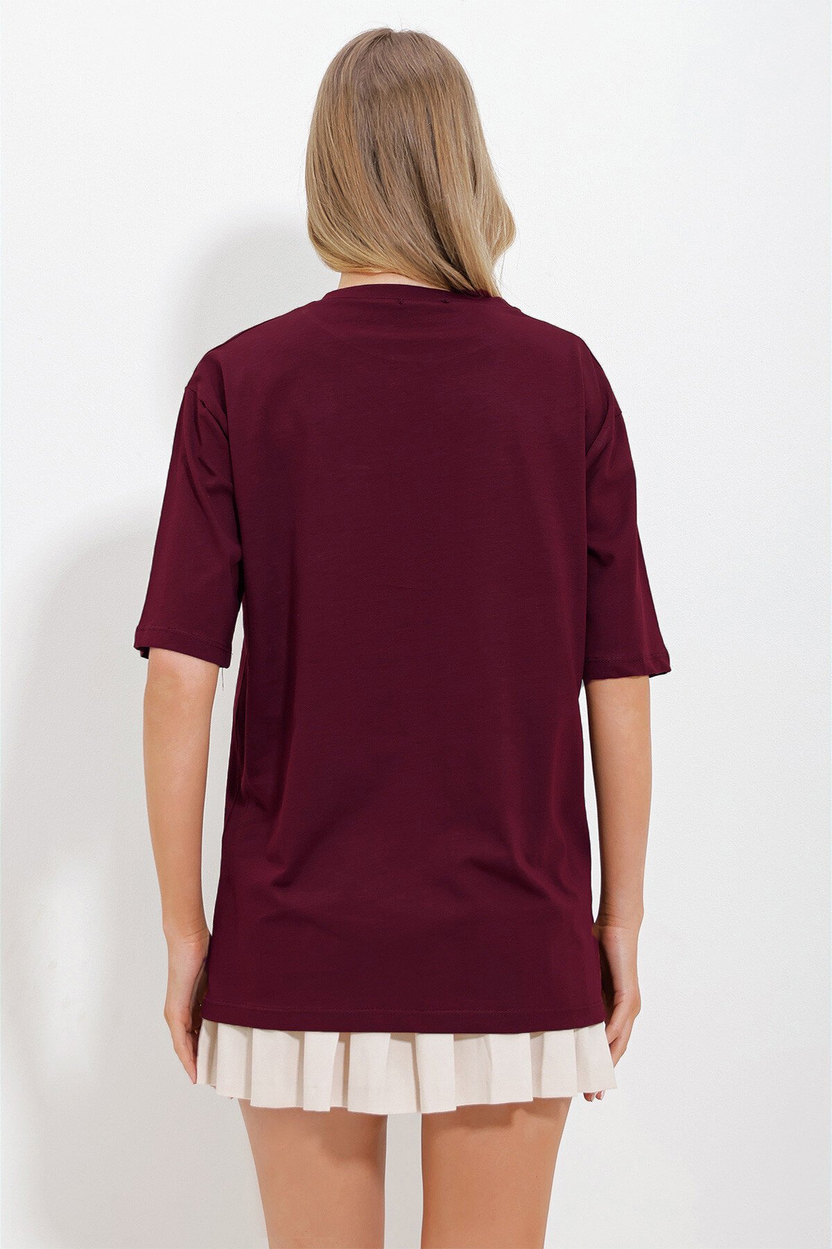 Bordo Bisiklet Yaka Örgü Cepli İki İplik T-Shirt