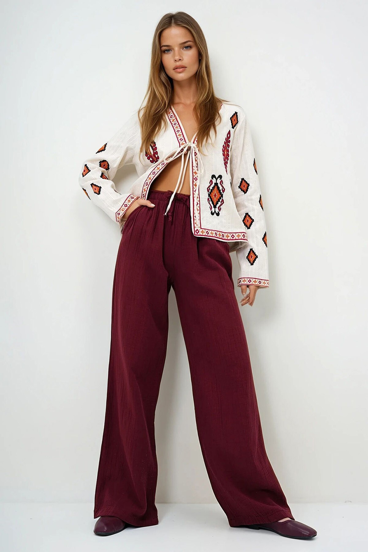 Bordo Çift Cepli Beli Lastikli Müslin Keten Pantolon