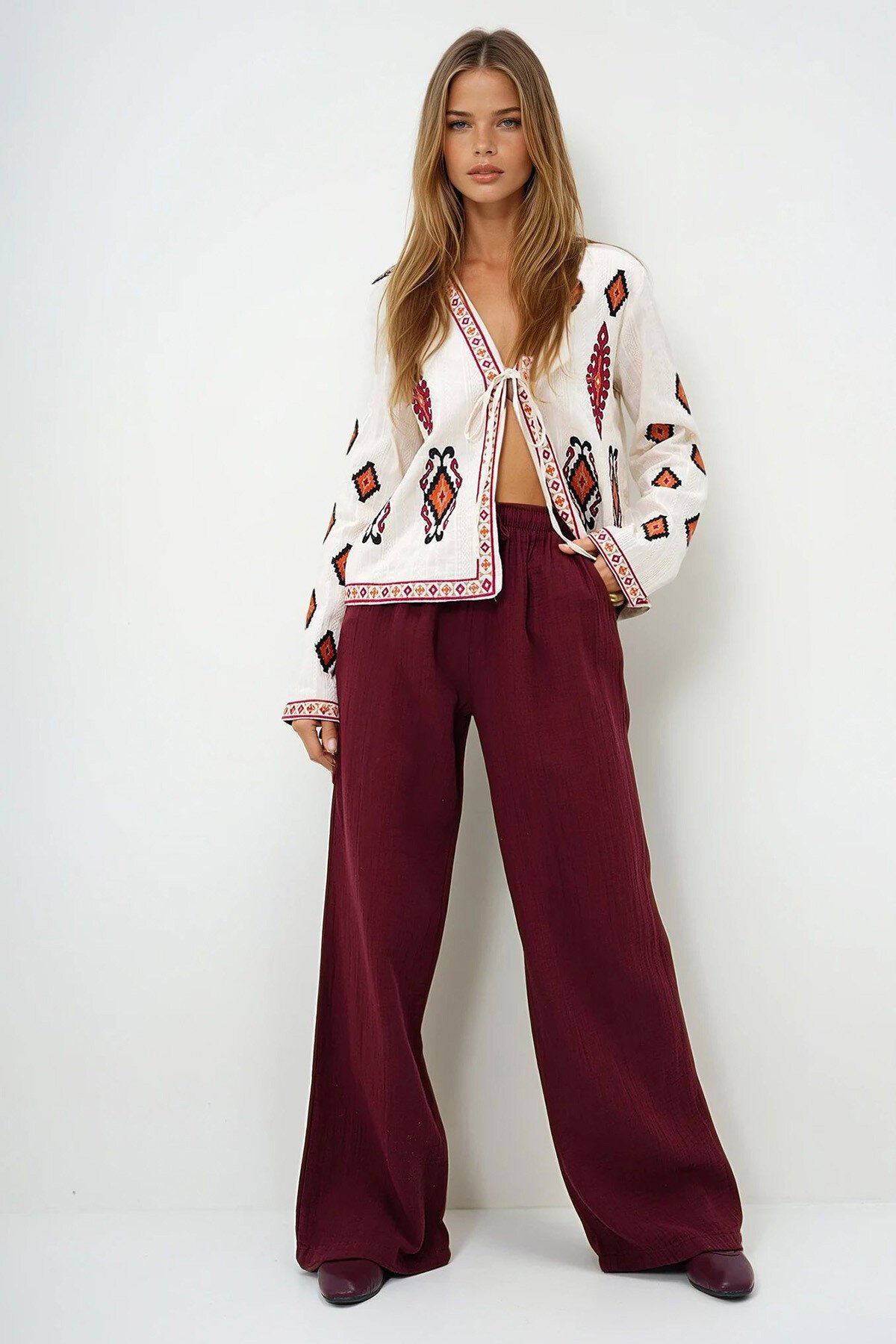 Bordo Çift Cepli Beli Lastikli Müslin Keten Pantolon