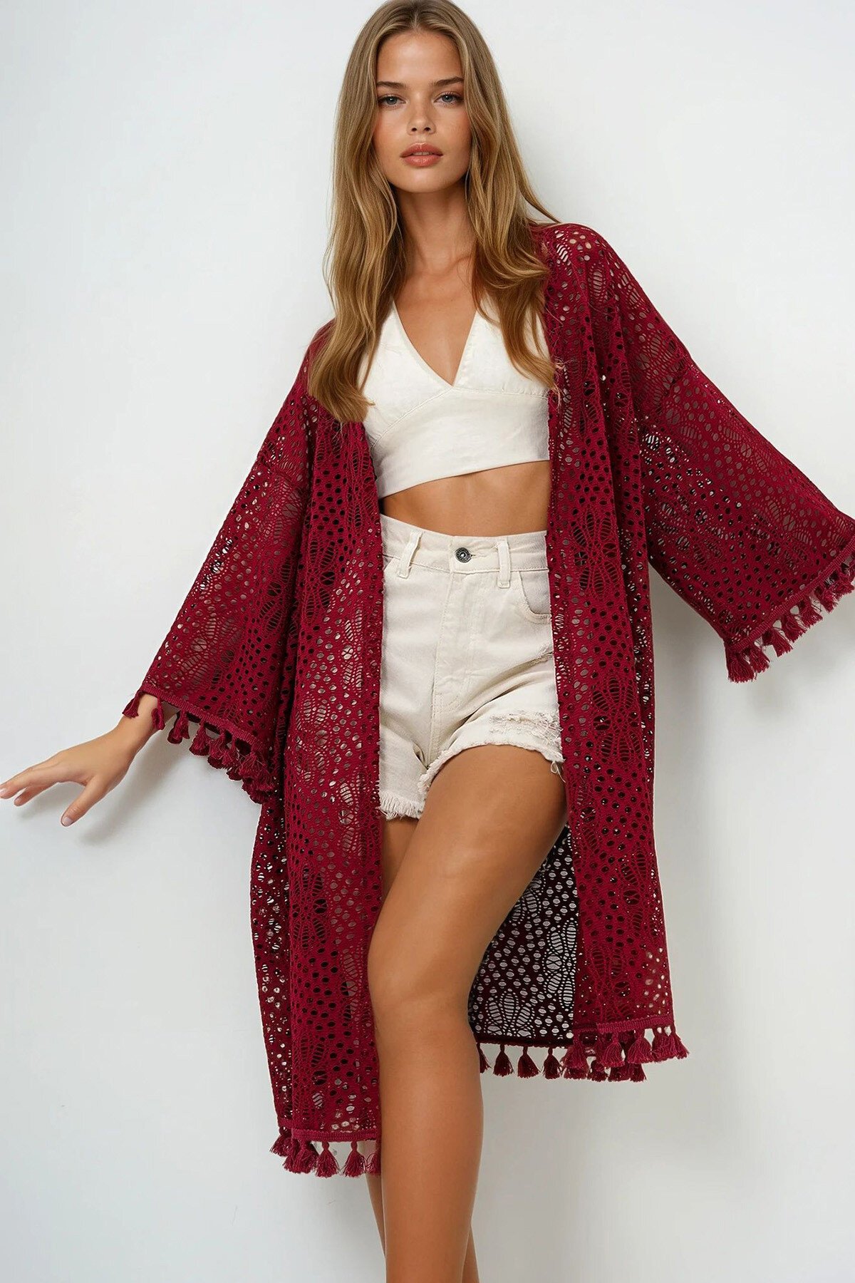 Bordo Delik Ajurlu Püsküllü Kimono