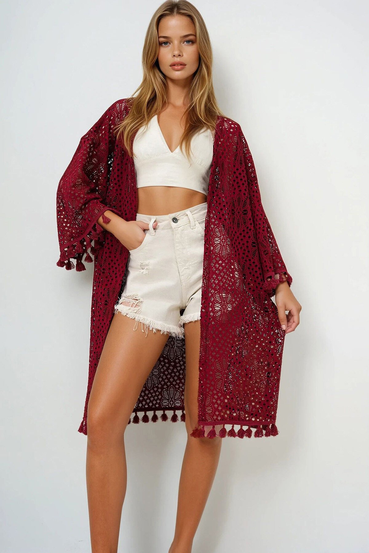 Bordo Delik Ajurlu Püsküllü Kimono