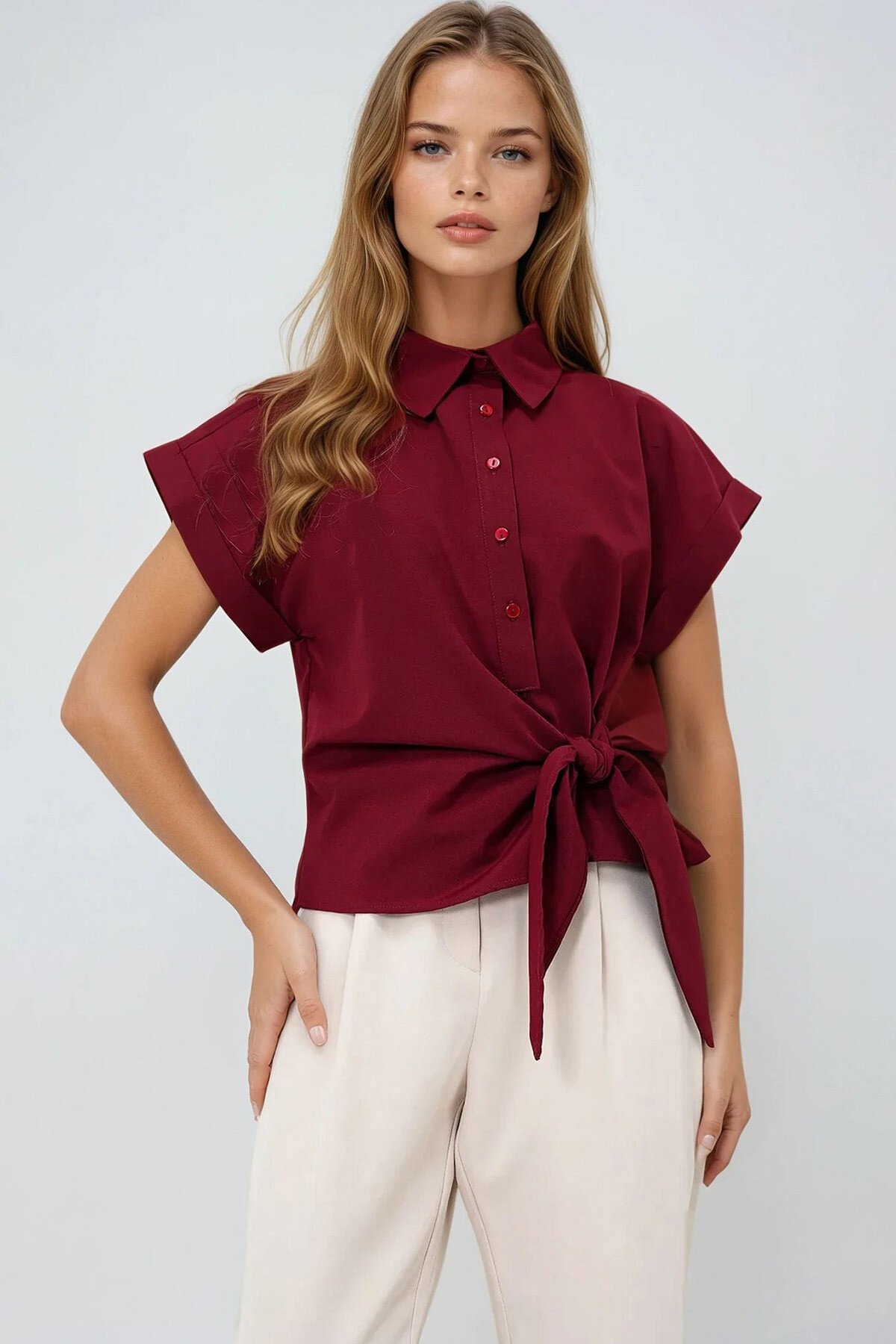 Bordo Double Kol Bağlama Detaylı Poplin Gömlek