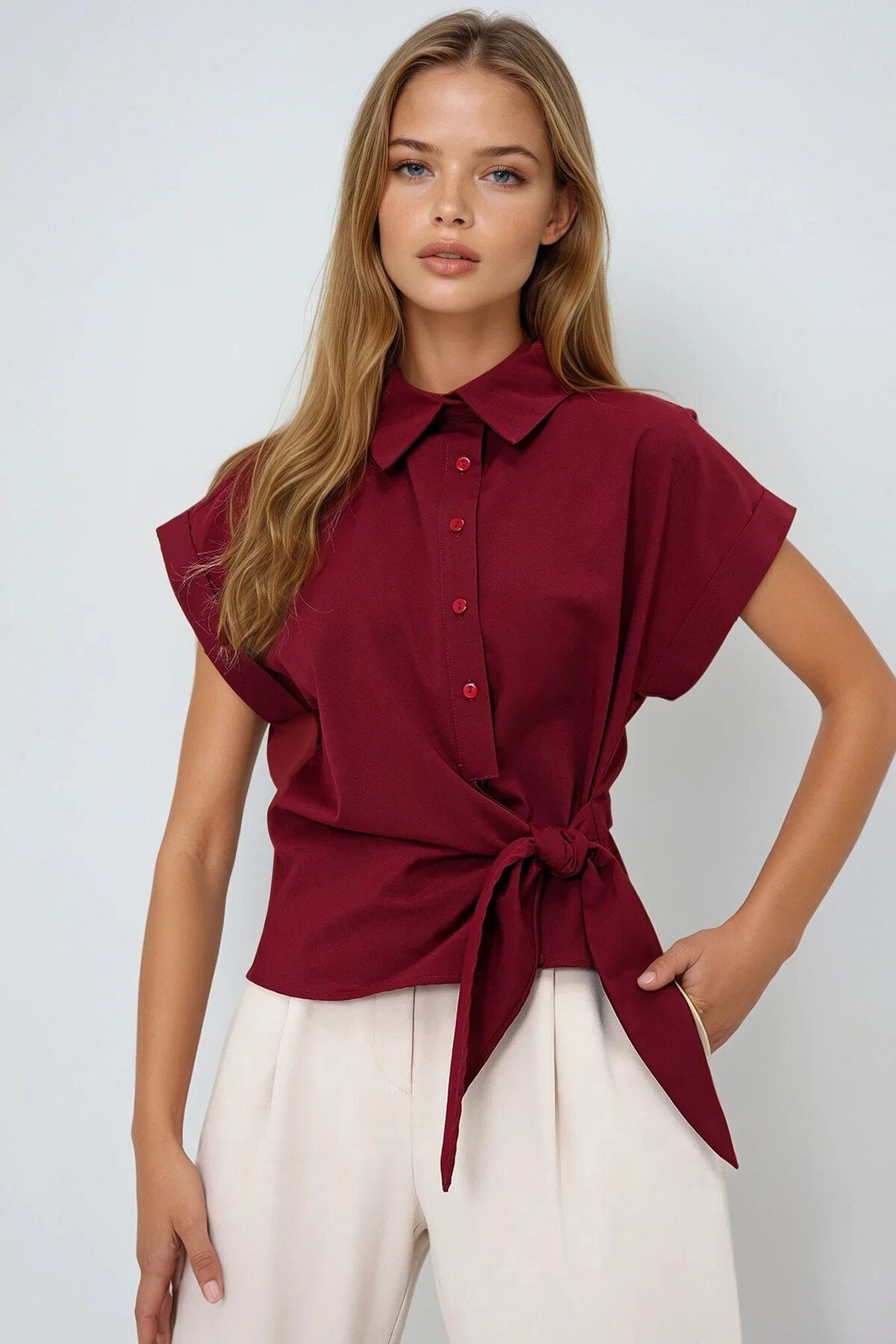 Bordo Double Kol Bağlama Detaylı Poplin Gömlek