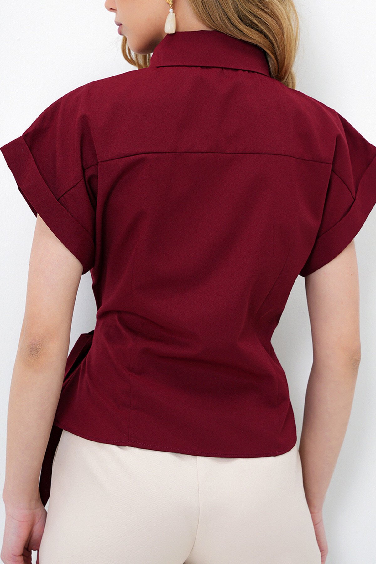 Bordo Double Kol Bağlama Detaylı Poplin Gömlek