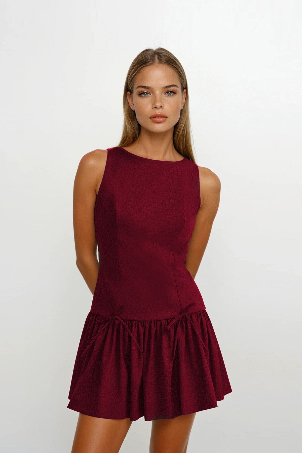 Bordo Eteği Pileli Bağcık Detaylı Kolsuz Fermuarlı Mini Dokuma Elbise