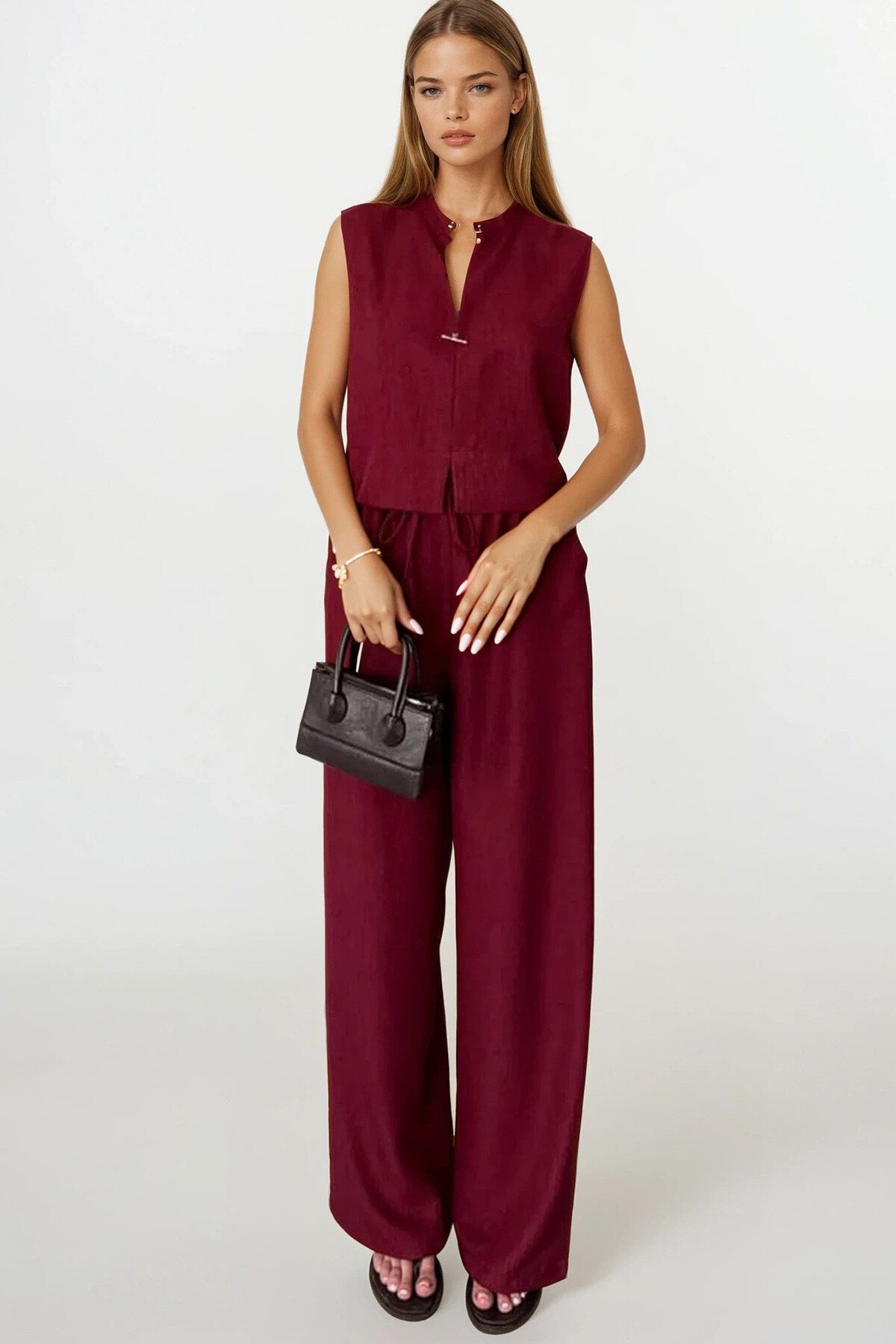 Bordo Hakim Yaka Aksesuar Kapamalı Bluz Ve Bağcıklı Palazzo Pantolon Takım