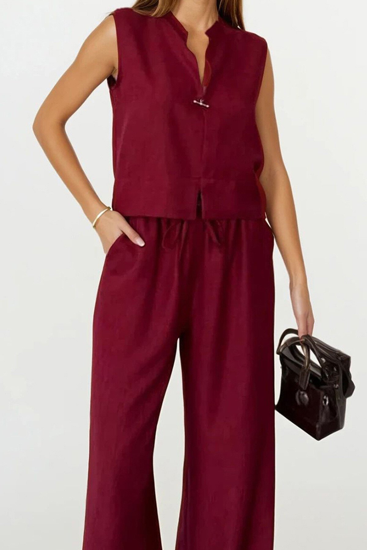 Bordo Hakim Yaka Aksesuar Kapamalı Bluz Ve Bağcıklı Palazzo Pantolon Takım
