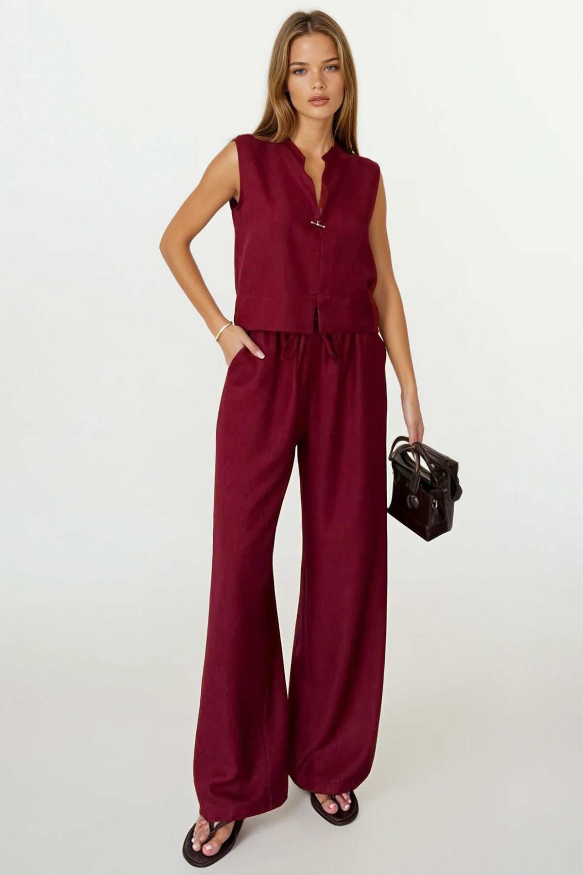 Bordo Hakim Yaka Aksesuar Kapamalı Bluz Ve Bağcıklı Palazzo Pantolon Takım