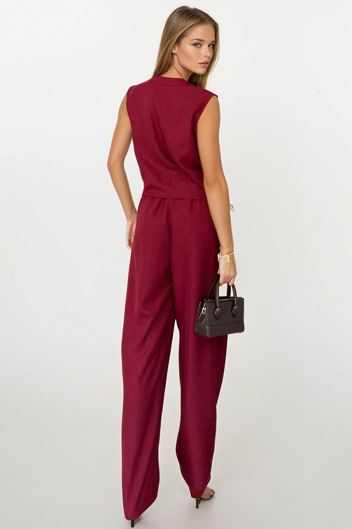 Bordo Hakim Yaka Aksesuar Kapamalı Bluz Ve Bağcıklı Palazzo Pantolon Takım