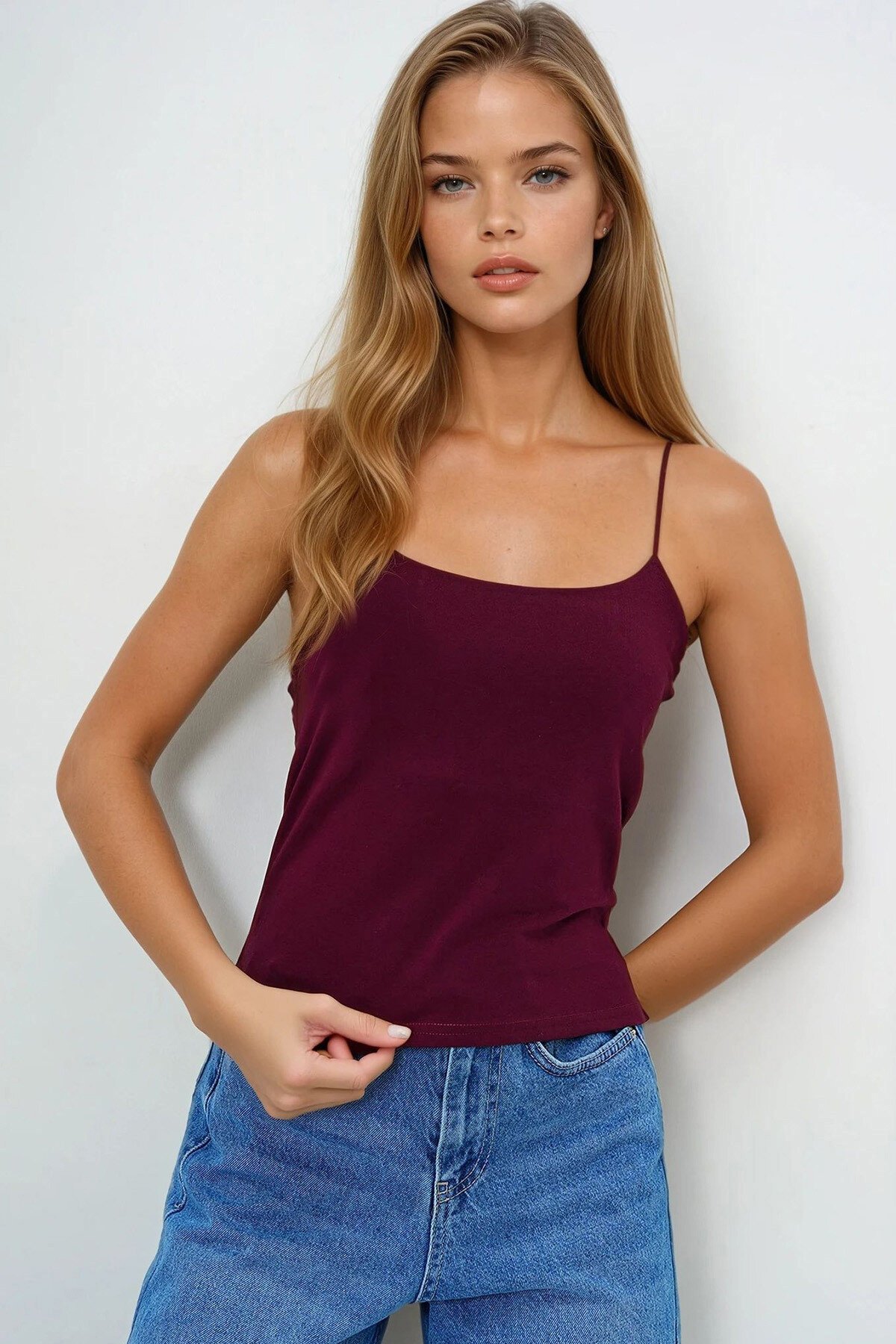 Bordo İp Askılı Çift Katlı Compac Penye Bluz