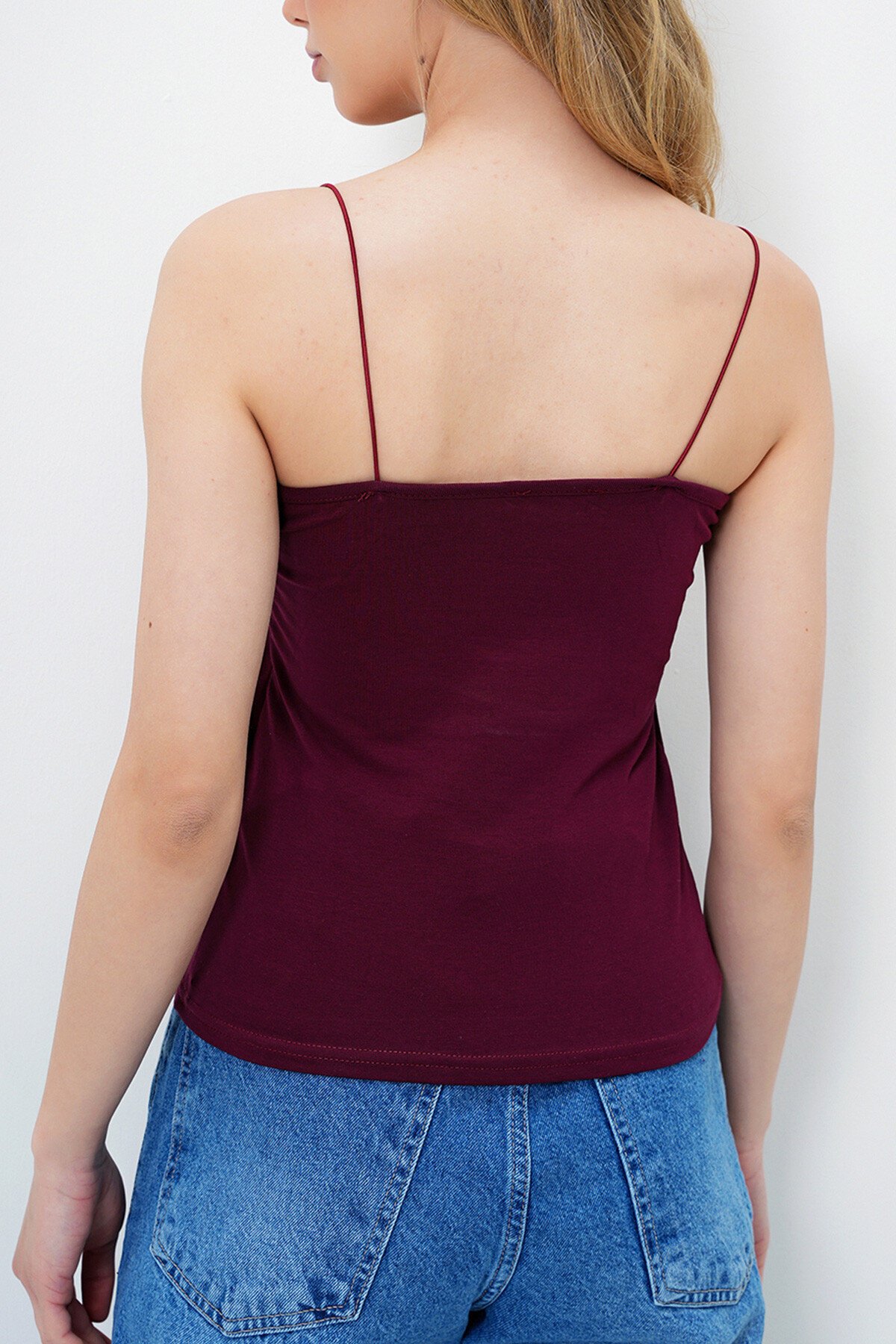 Bordo İp Askılı Çift Katlı Compac Penye Bluz