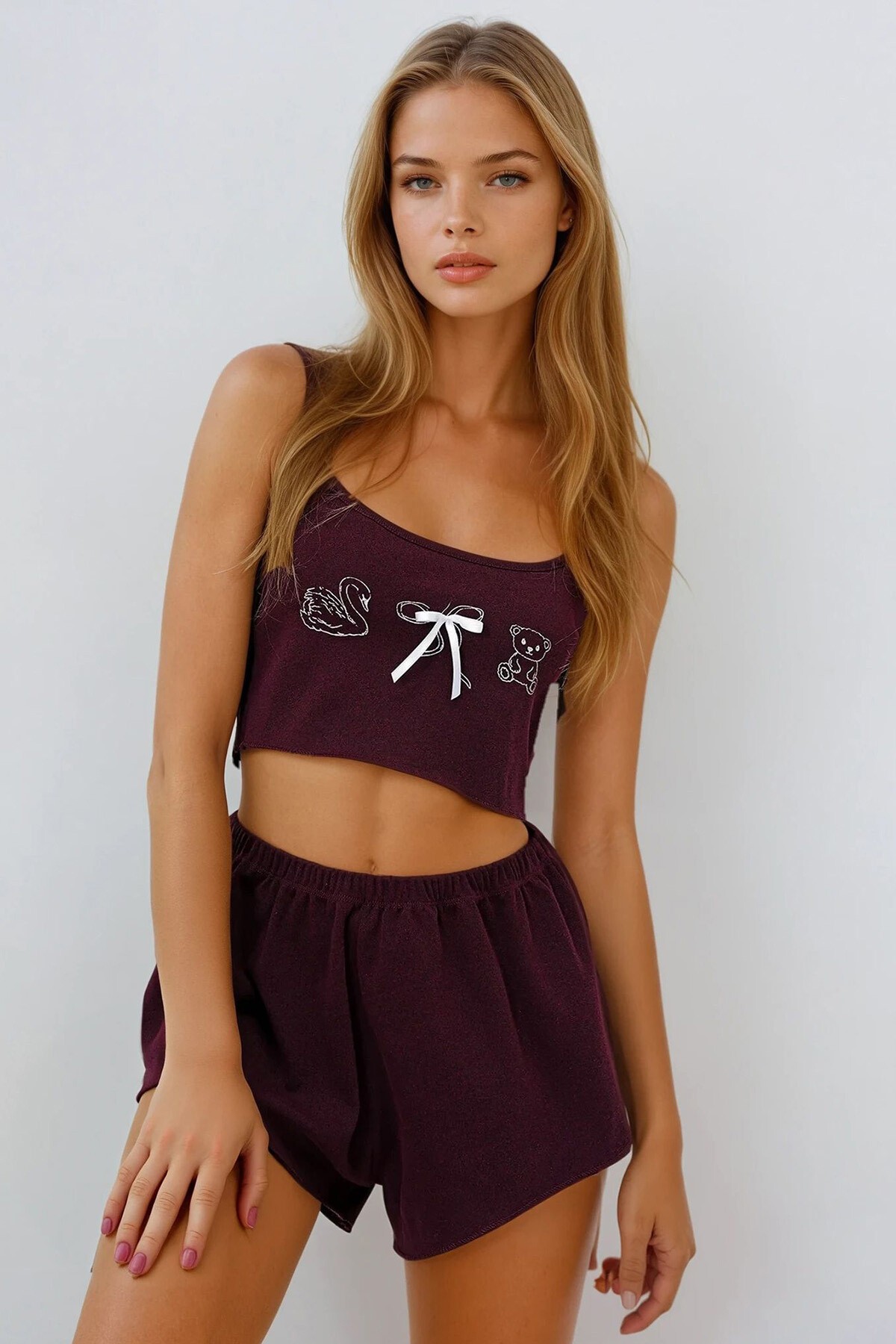 Bordo Önü Baskı Ve Fiyonk Detaylı Pis Dikiş Atlet Ve Şortlu Pijama Takımı