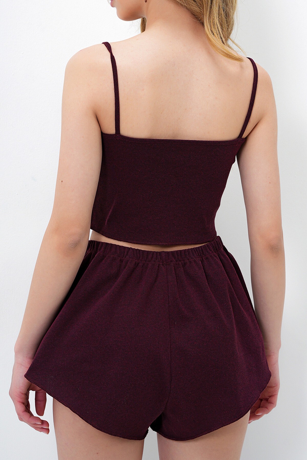 Bordo Önü Baskı Ve Fiyonk Detaylı Pis Dikiş Atlet Ve Şortlu Pijama Takımı