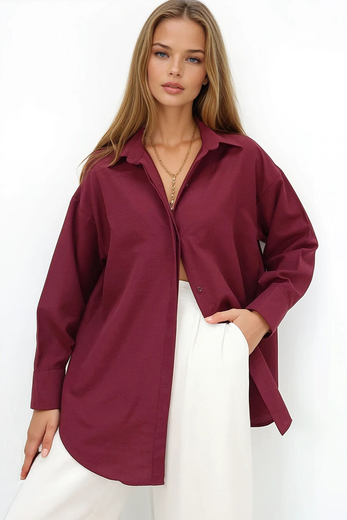 Bordo Oversize Uzun Dokuma Gömlek
