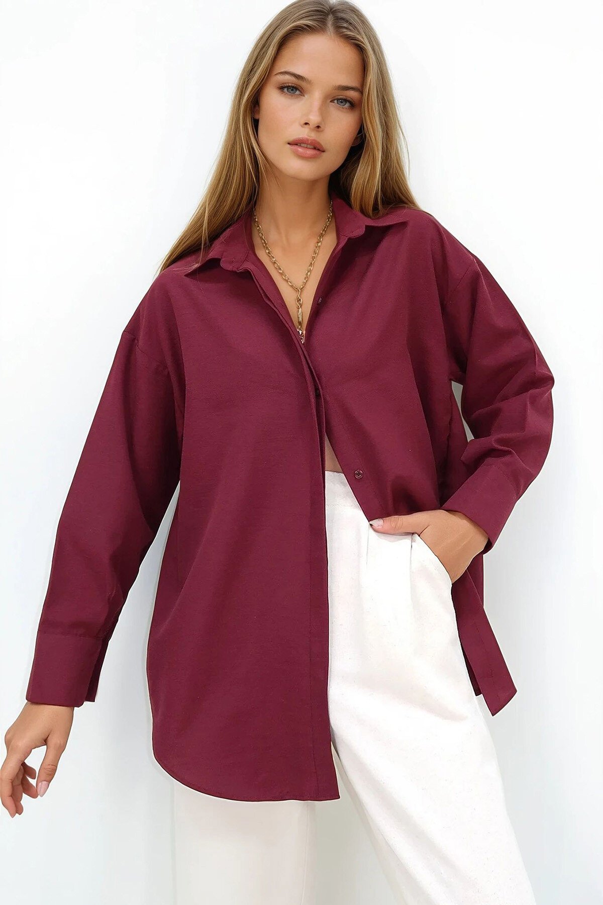 Bordo Oversize Uzun Dokuma Gömlek