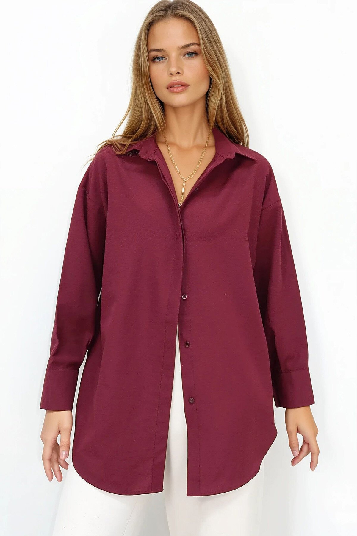 Bordo Oversize Uzun Dokuma Gömlek