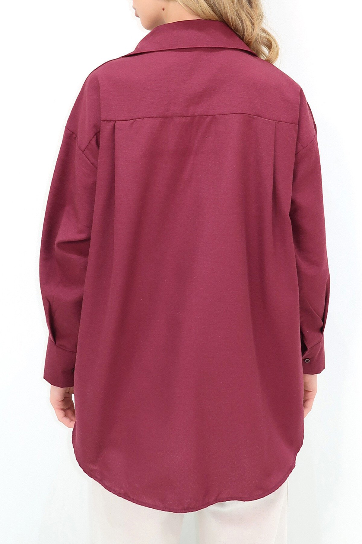 Bordo Oversize Uzun Dokuma Gömlek