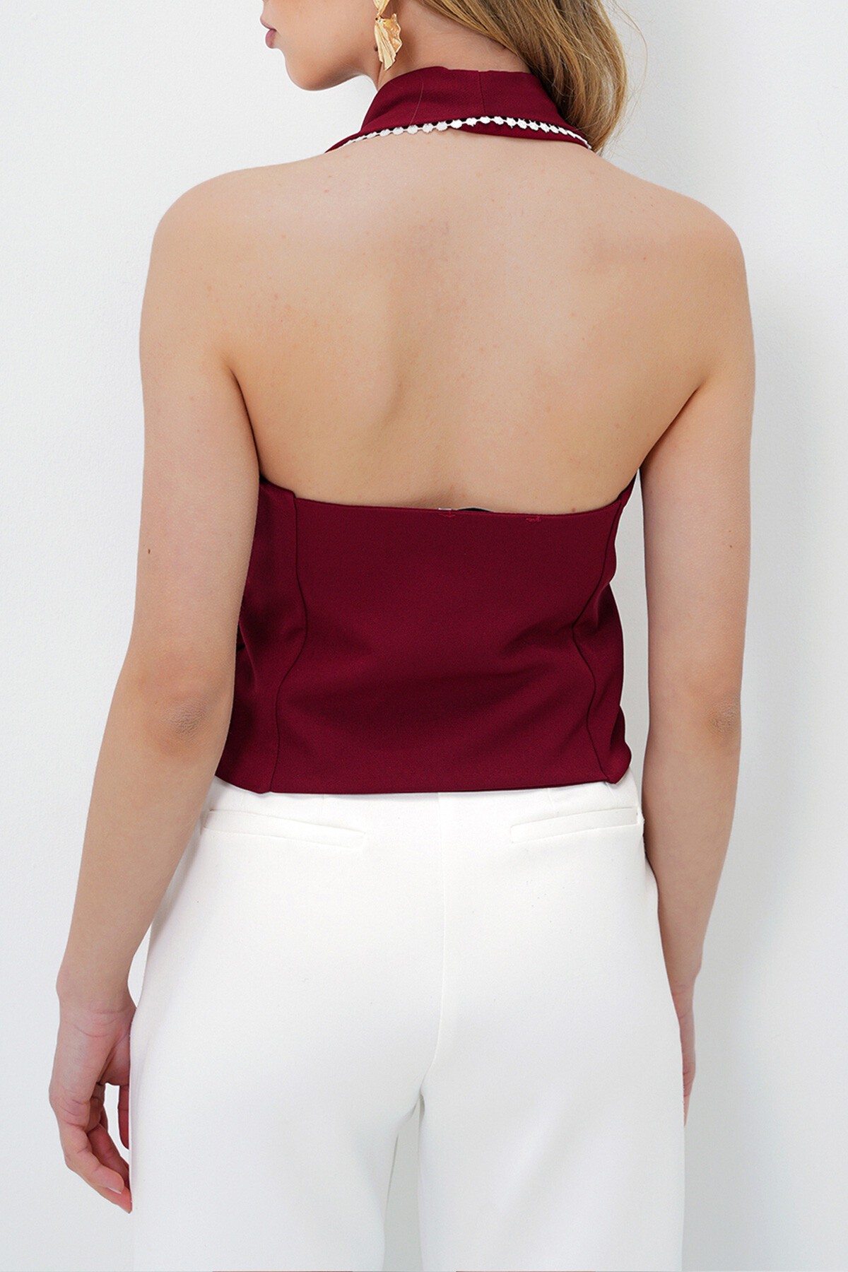 Bordo Sırt Dekolteli Fisto Biyeli Bağlamalı Crop Yelek