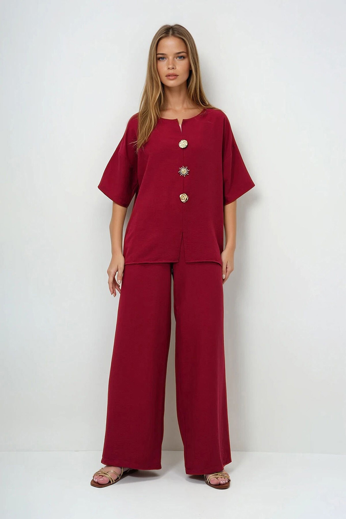 Bordo V Yaka Metal Gold Düğme Detaylı Aerobin Bluz Ve Pantolon Alt Üst Takım