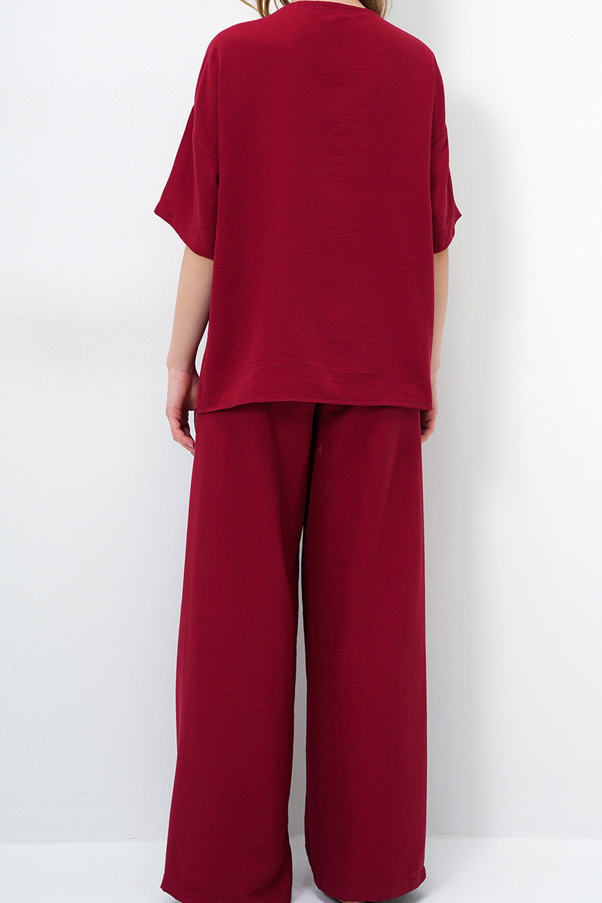 Bordo V Yaka Metal Gold Düğme Detaylı Aerobin Bluz Ve Pantolon Alt Üst Takım