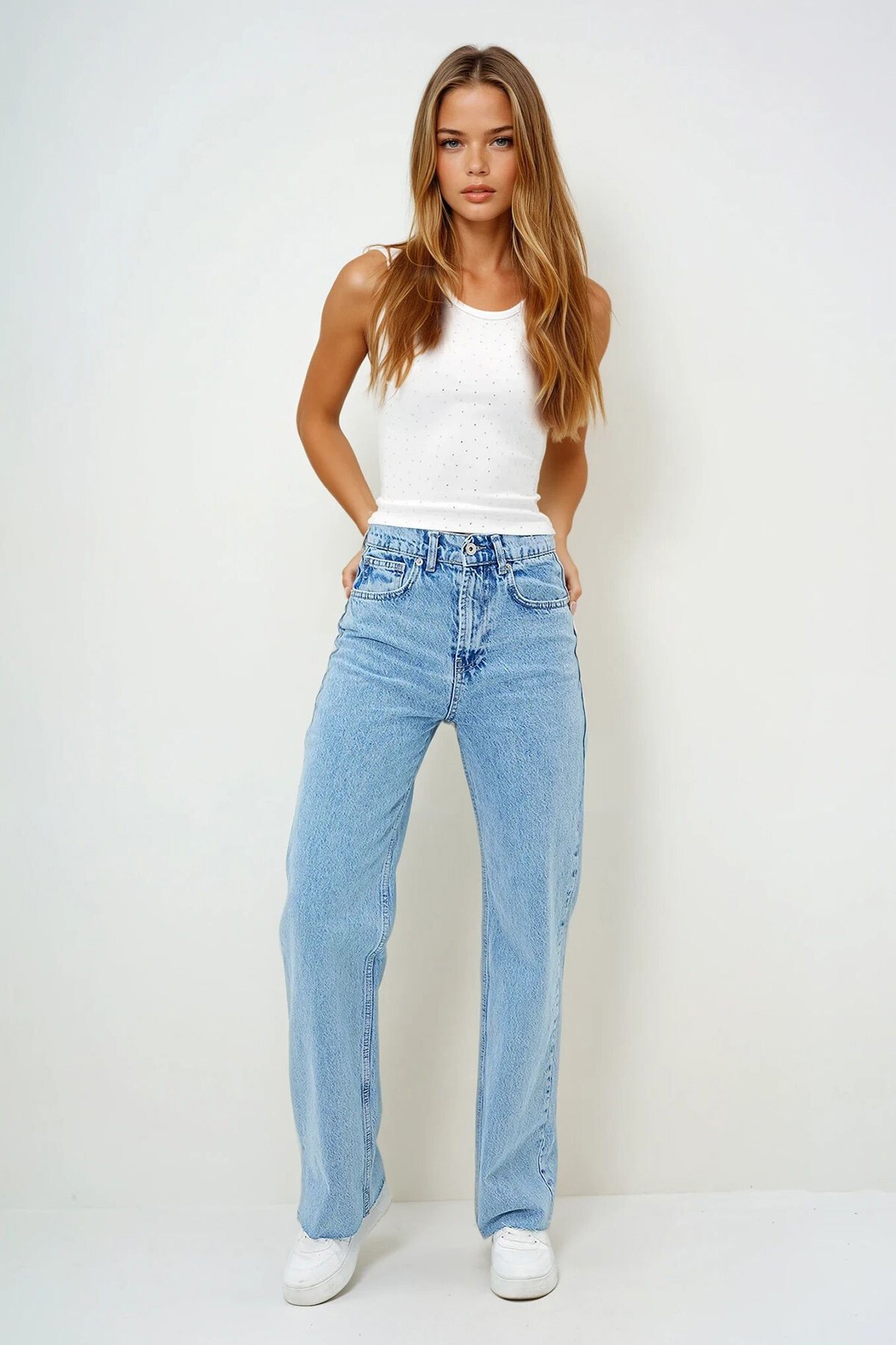 Buz Mavi Yüksek Bel Yıkamalı Paçası Püsküllü Palazzo Jean Pantolon