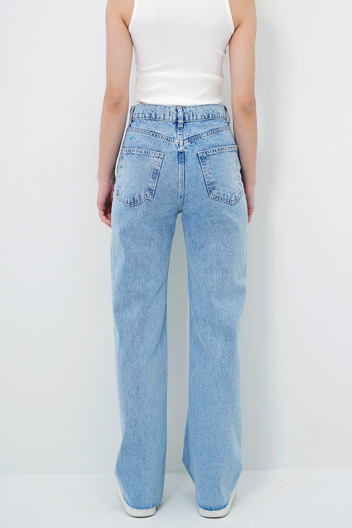 Buz Mavi Yüksek Bel Yıkamalı Paçası Püsküllü Palazzo Jean Pantolon