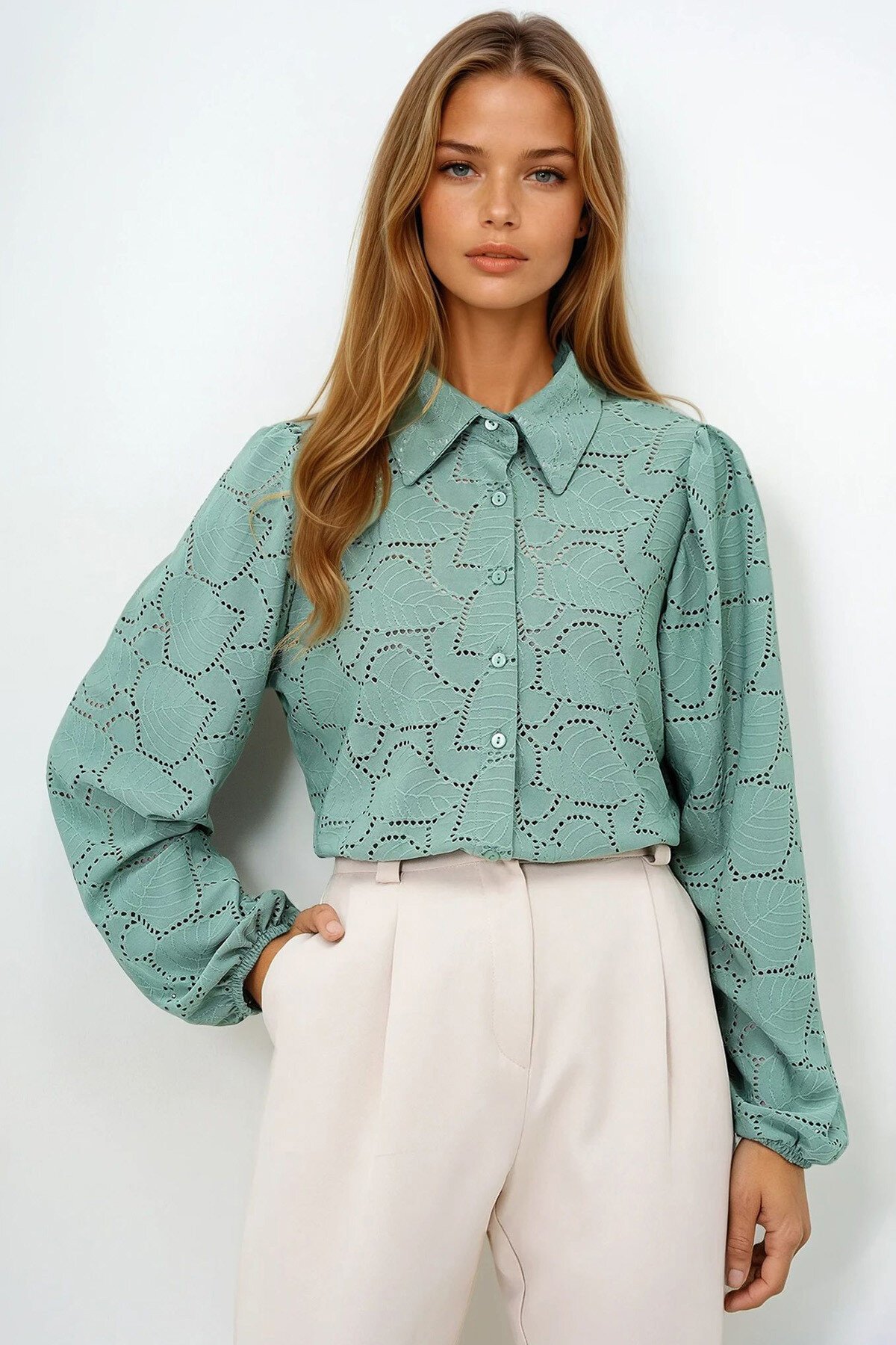 Çağla Yeşili Güpür Dokuma Premıum Gömlek