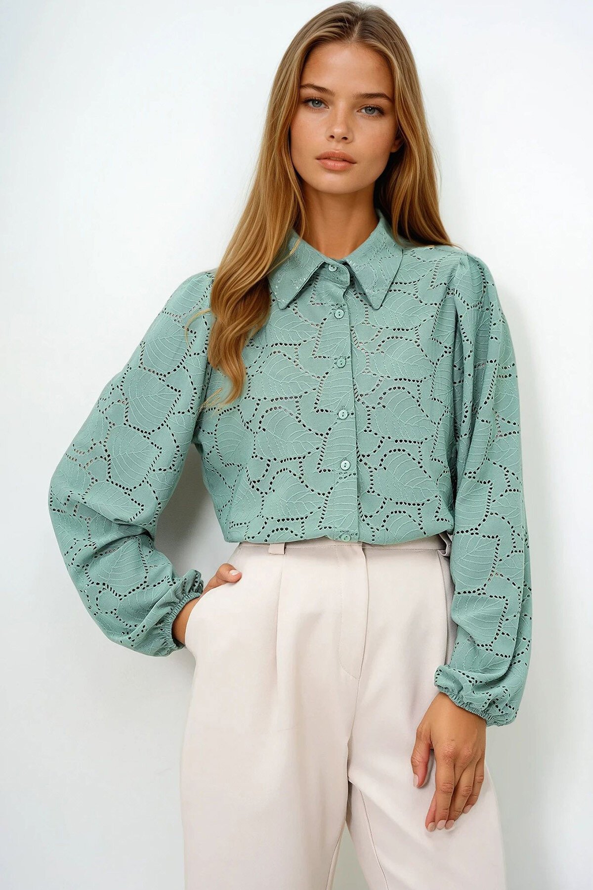 Çağla Yeşili Güpür Dokuma Premıum Gömlek