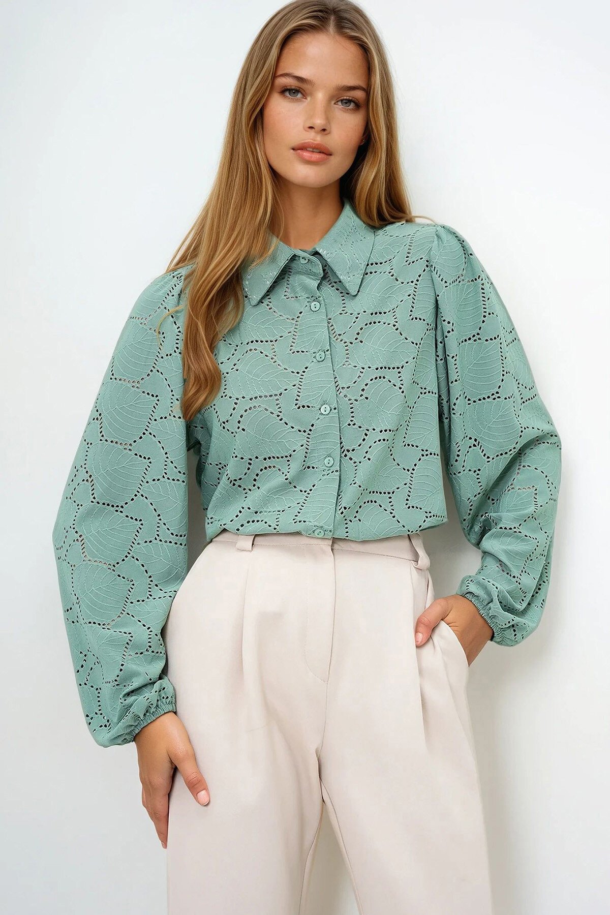 Çağla Yeşili Güpür Dokuma Premıum Gömlek