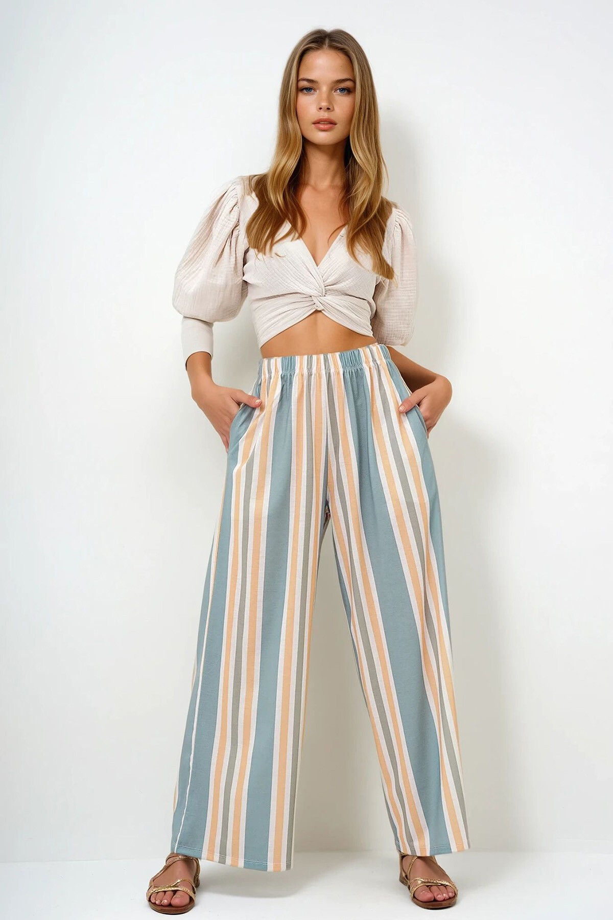 Çağla Yeşili  Hardal Çift Cepli Çizgi Desenli Geniş Paça Yazlık Pantolon