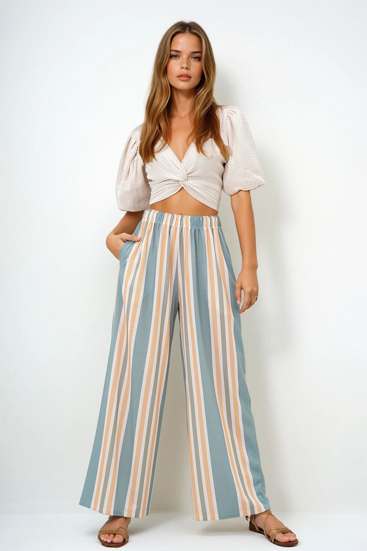 Çağla Yeşili  Hardal Çift Cepli Çizgi Desenli Geniş Paça Yazlık Pantolon