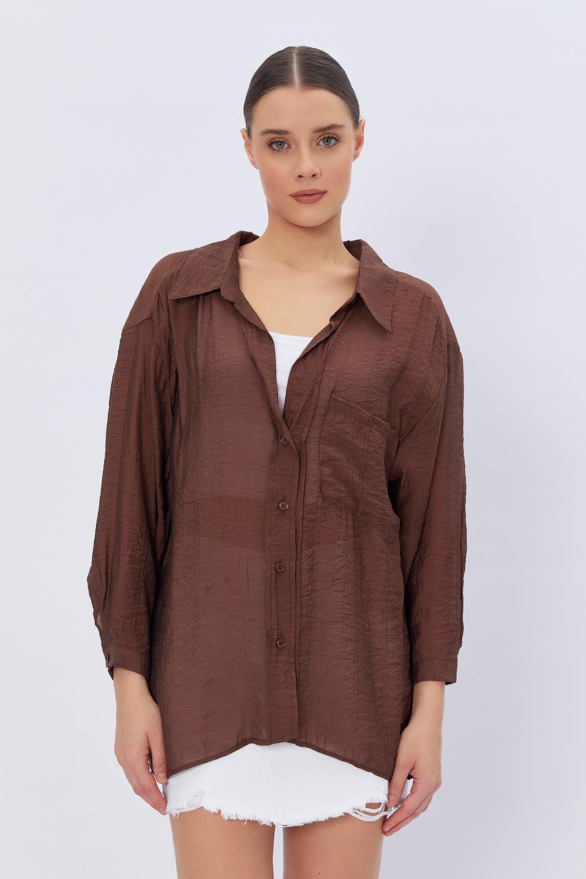 Kahve Cepleri İşlemeli Kısa Kollu Oversizegömlek