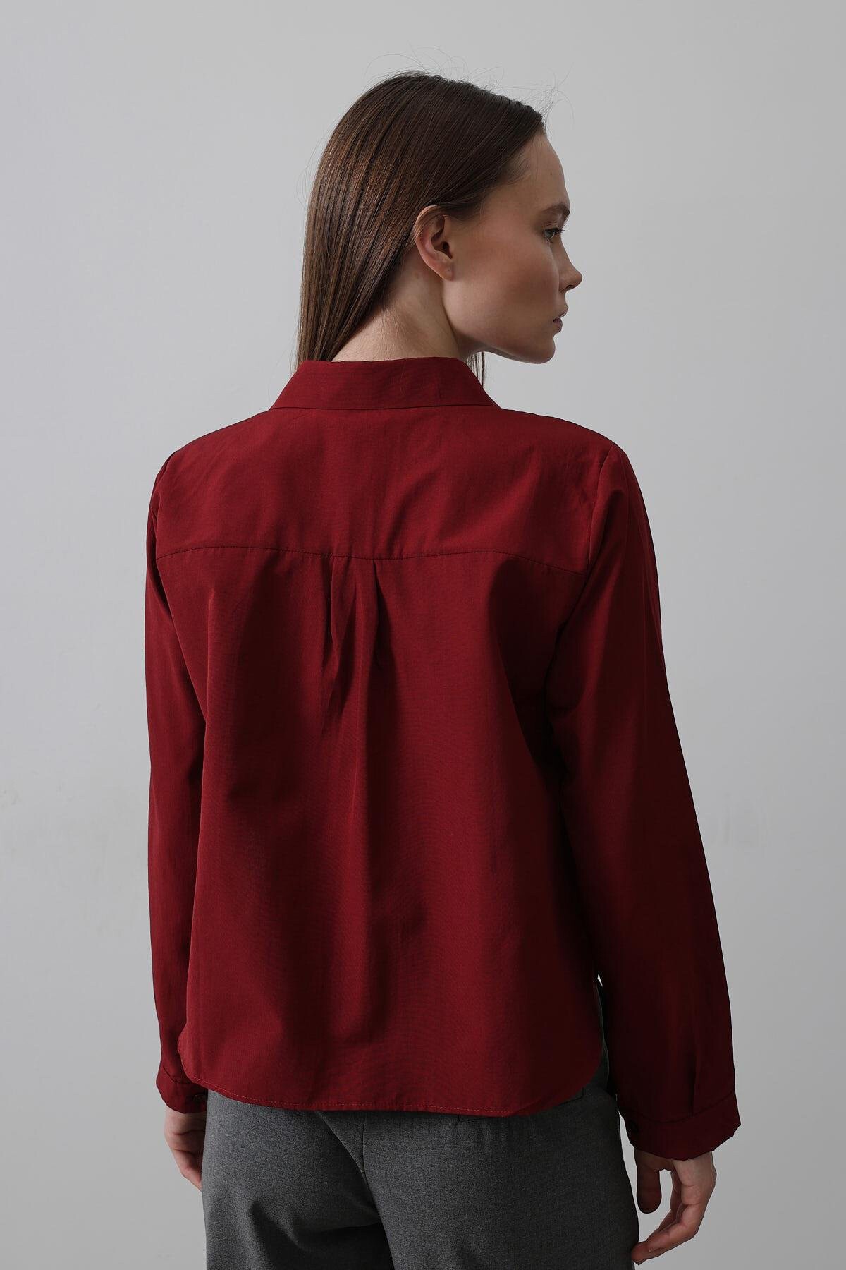 Bordo Çift Kapak Cepli Düğmeli Kısa Kesim Gömlek