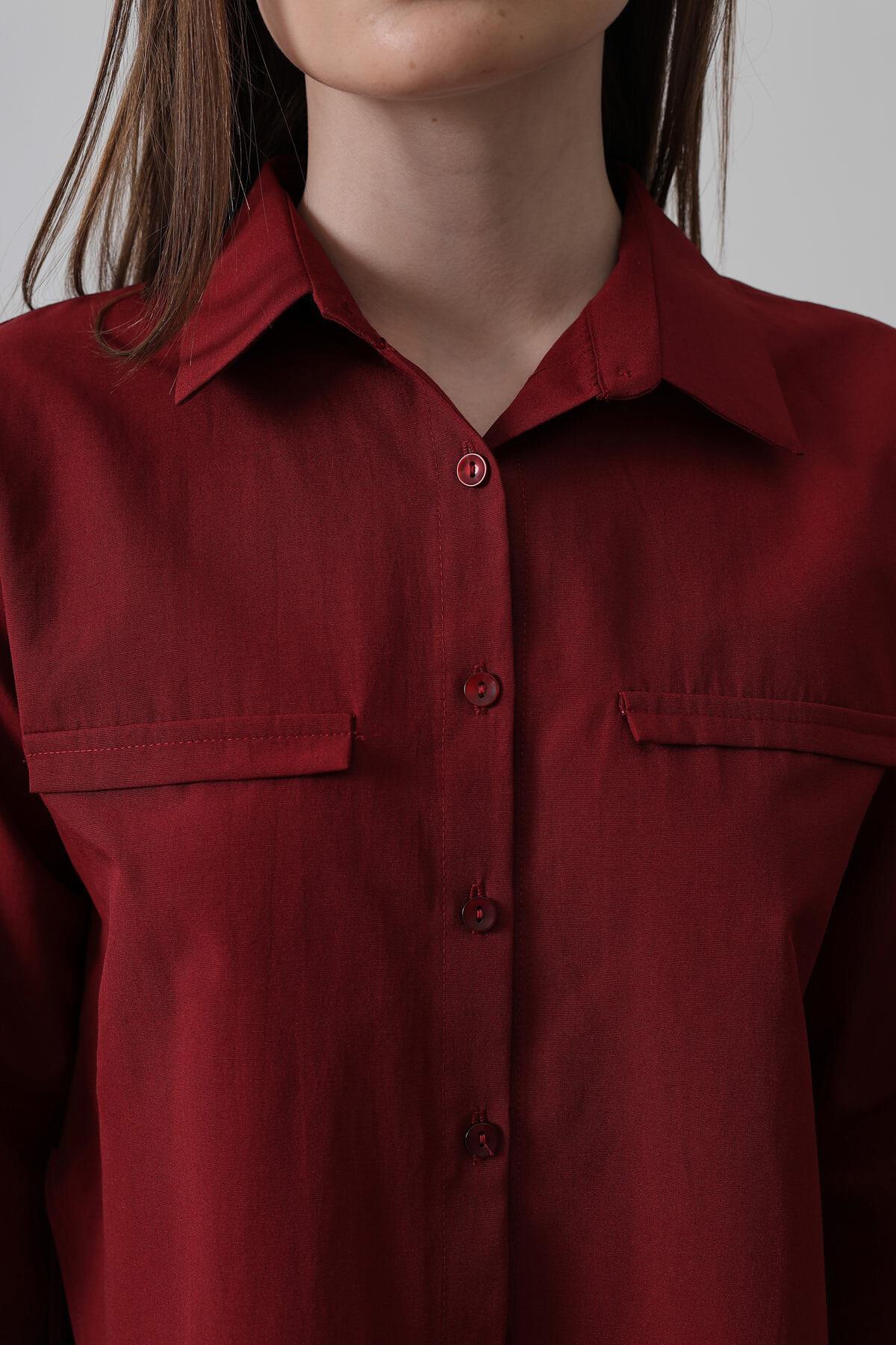 Bordo Çift Kapak Cepli Düğmeli Kısa Kesim Gömlek