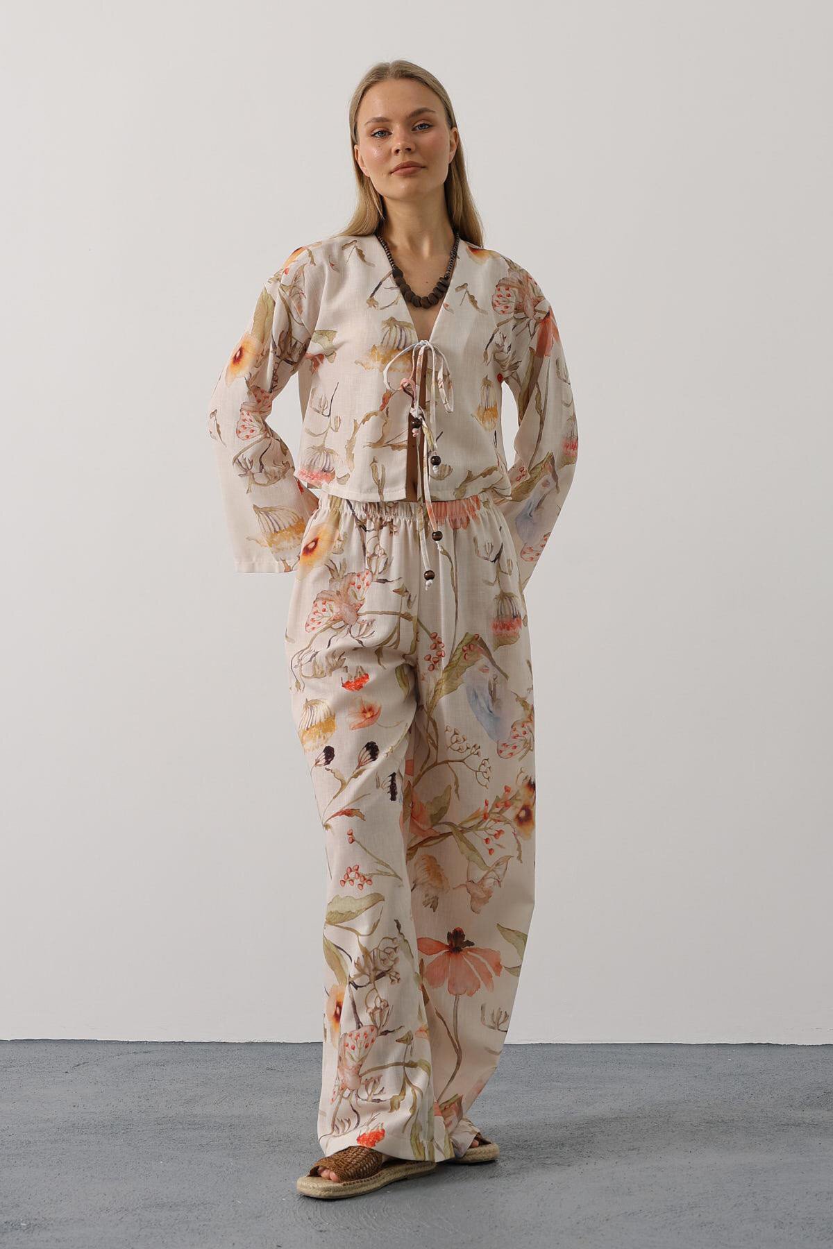 Taş Çiçek Desen Önü Bağlamalı Pantolon Takım
