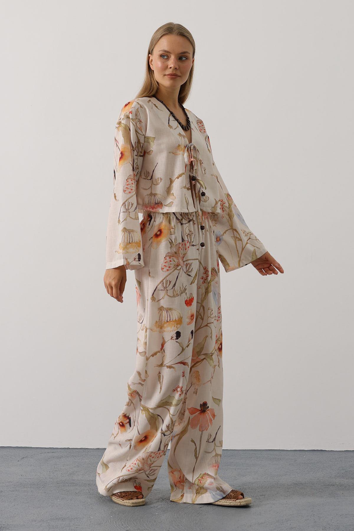 Taş Çiçek Desen Önü Bağlamalı Pantolon Takım