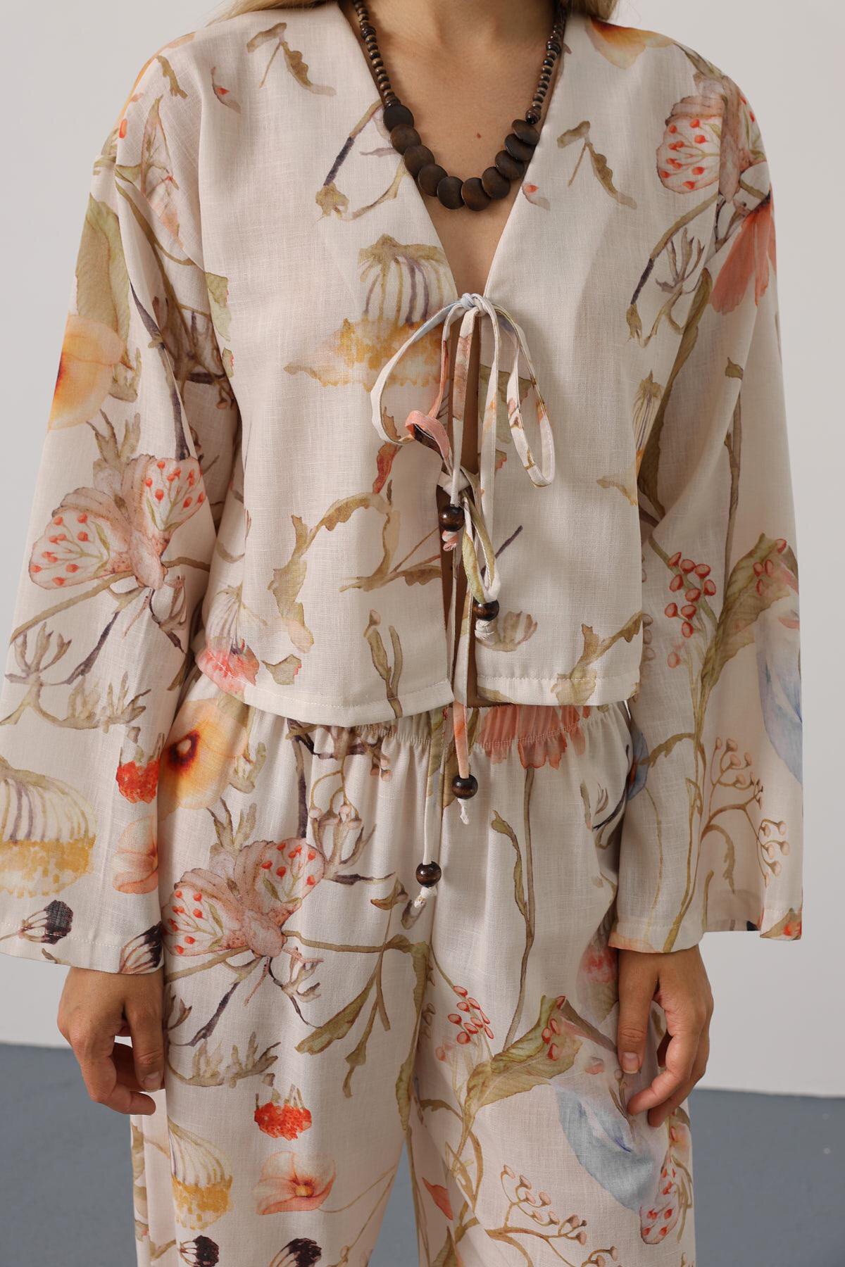 Taş Çiçek Desen Önü Bağlamalı Pantolon Takım