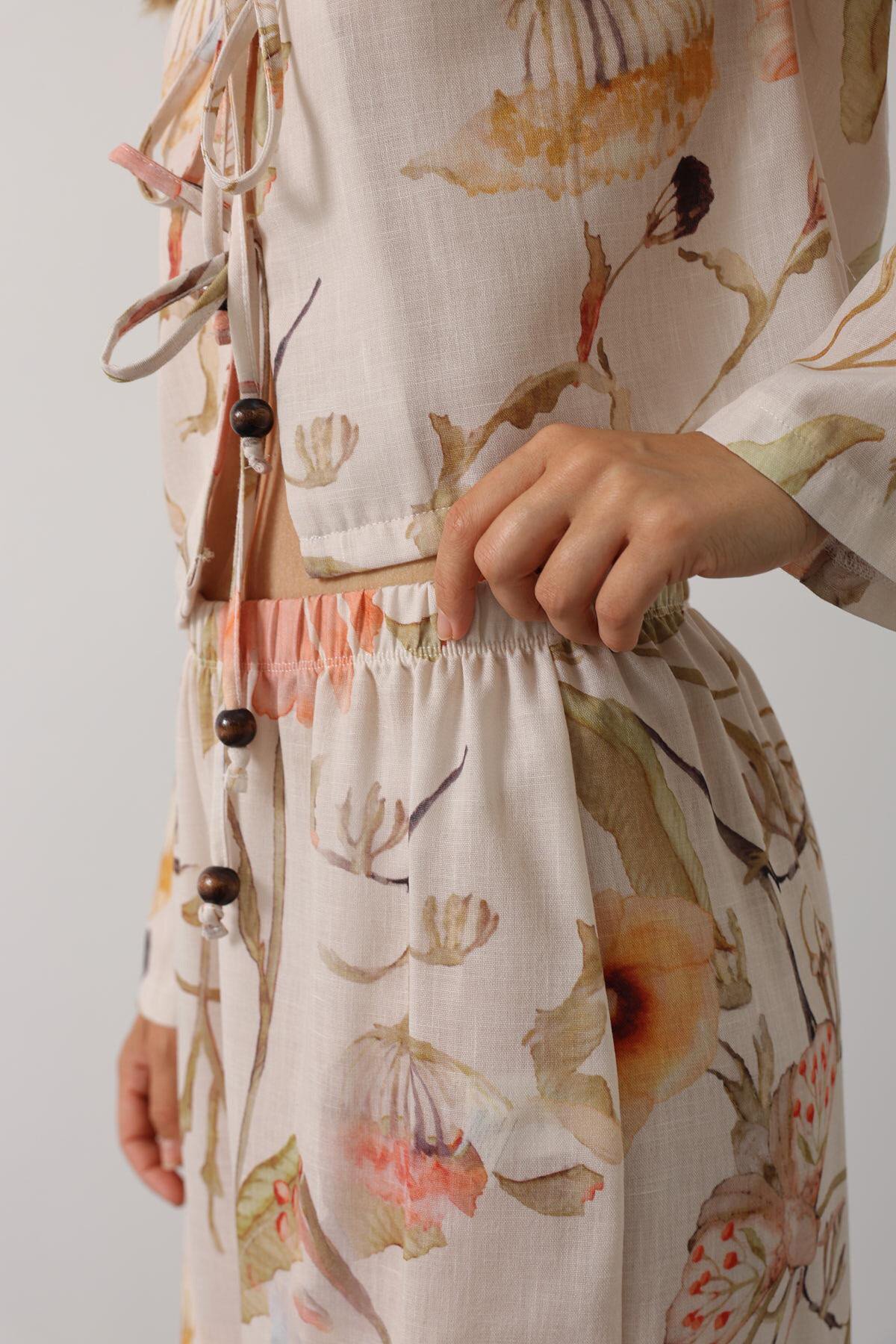 Taş Çiçek Desen Önü Bağlamalı Pantolon Takım