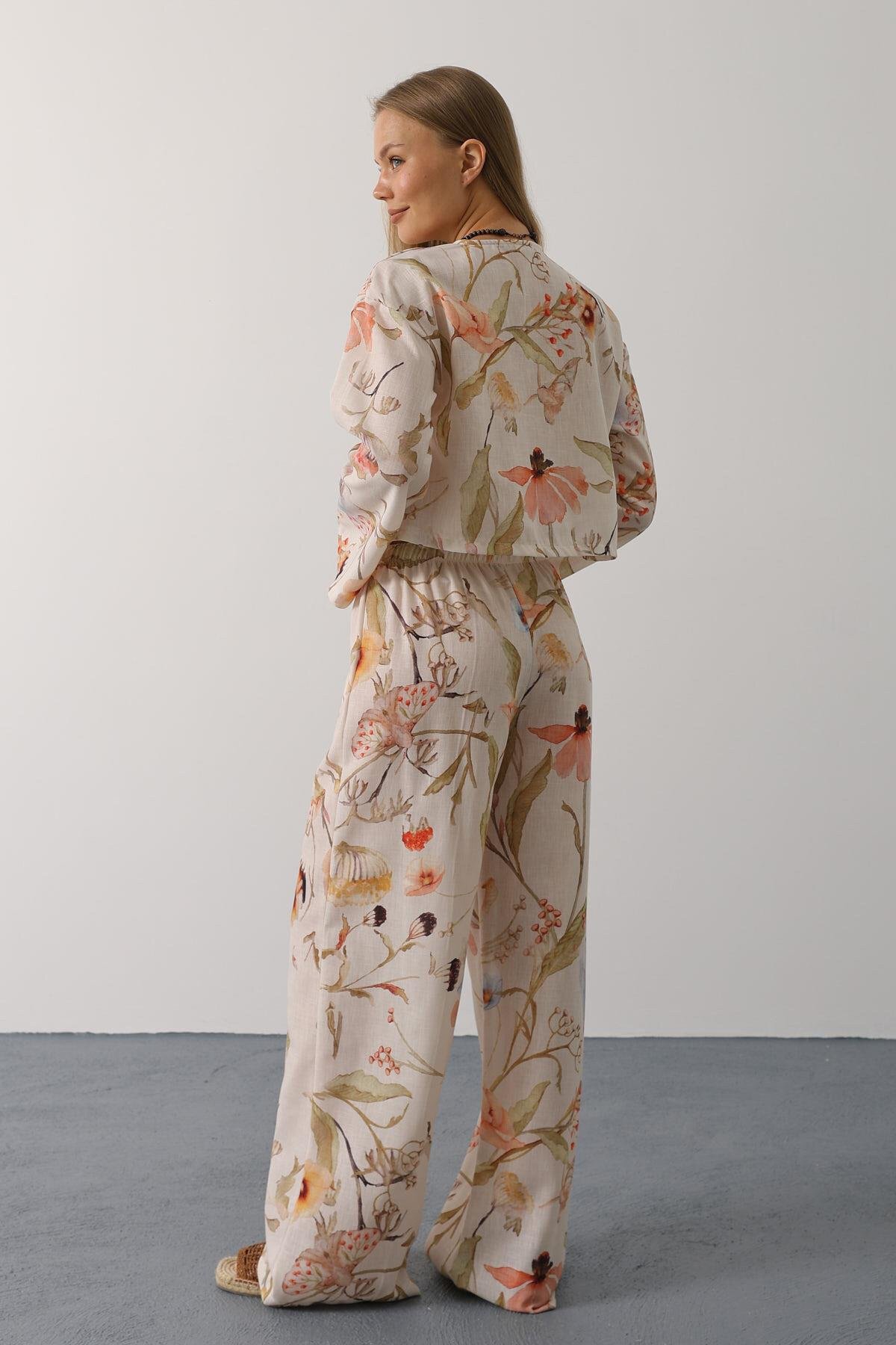 Taş Çiçek Desen Önü Bağlamalı Pantolon Takım